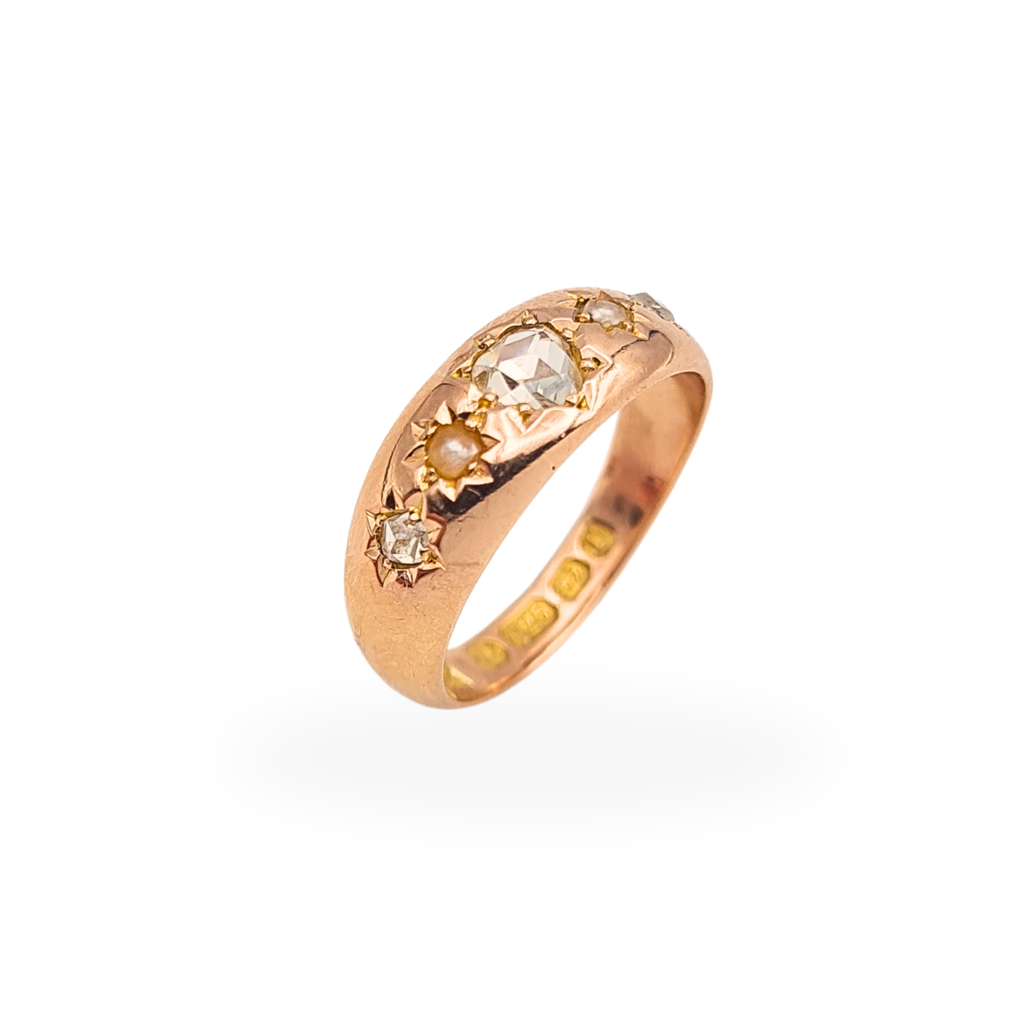 Antique 15ct Rose Gold Ring Heart Cut Diamond Pearl Birmingham 1891 UK J½