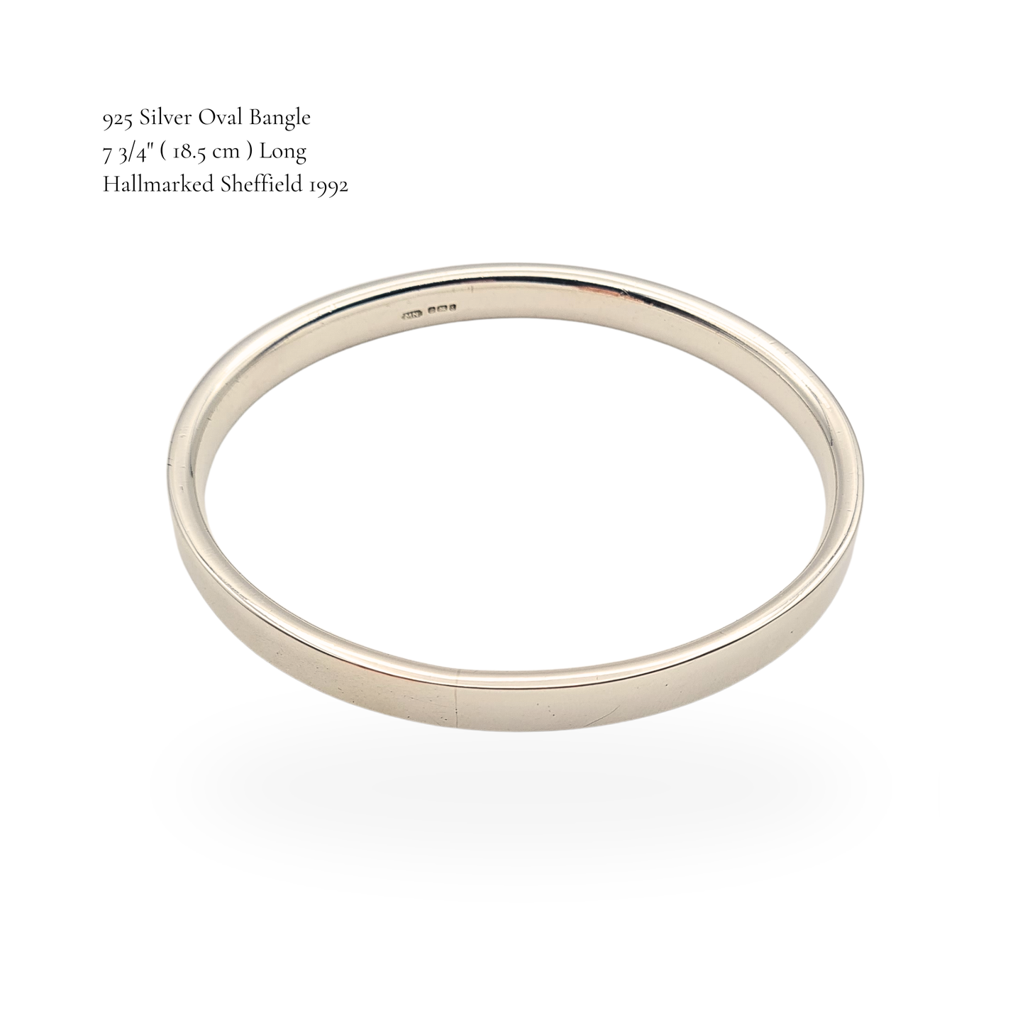 Large 925 Silver Oval Bangle, Solid Heavy, Sheffield 1992, 7 3/4 inches