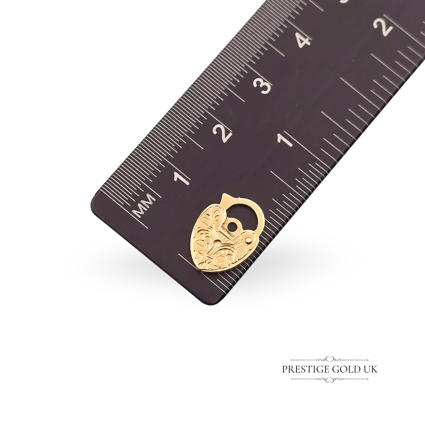 Tiny 9ct Gold Heart Padlock, Hand Engraved, Flat Design, 13mm Tall