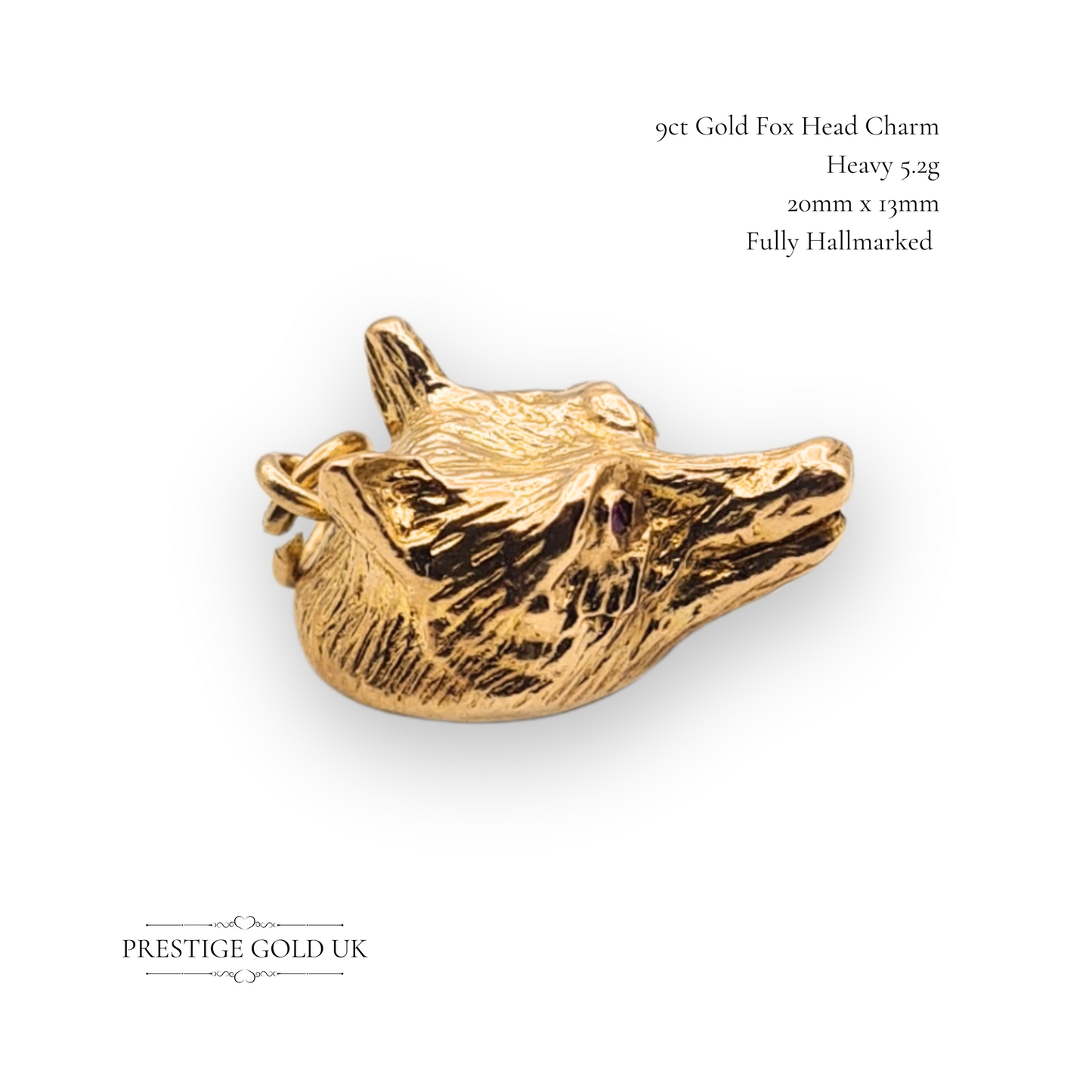 9ct Solid Gold Beautiful Fox Head Charm, Hunting Equine or Country Sports Gift