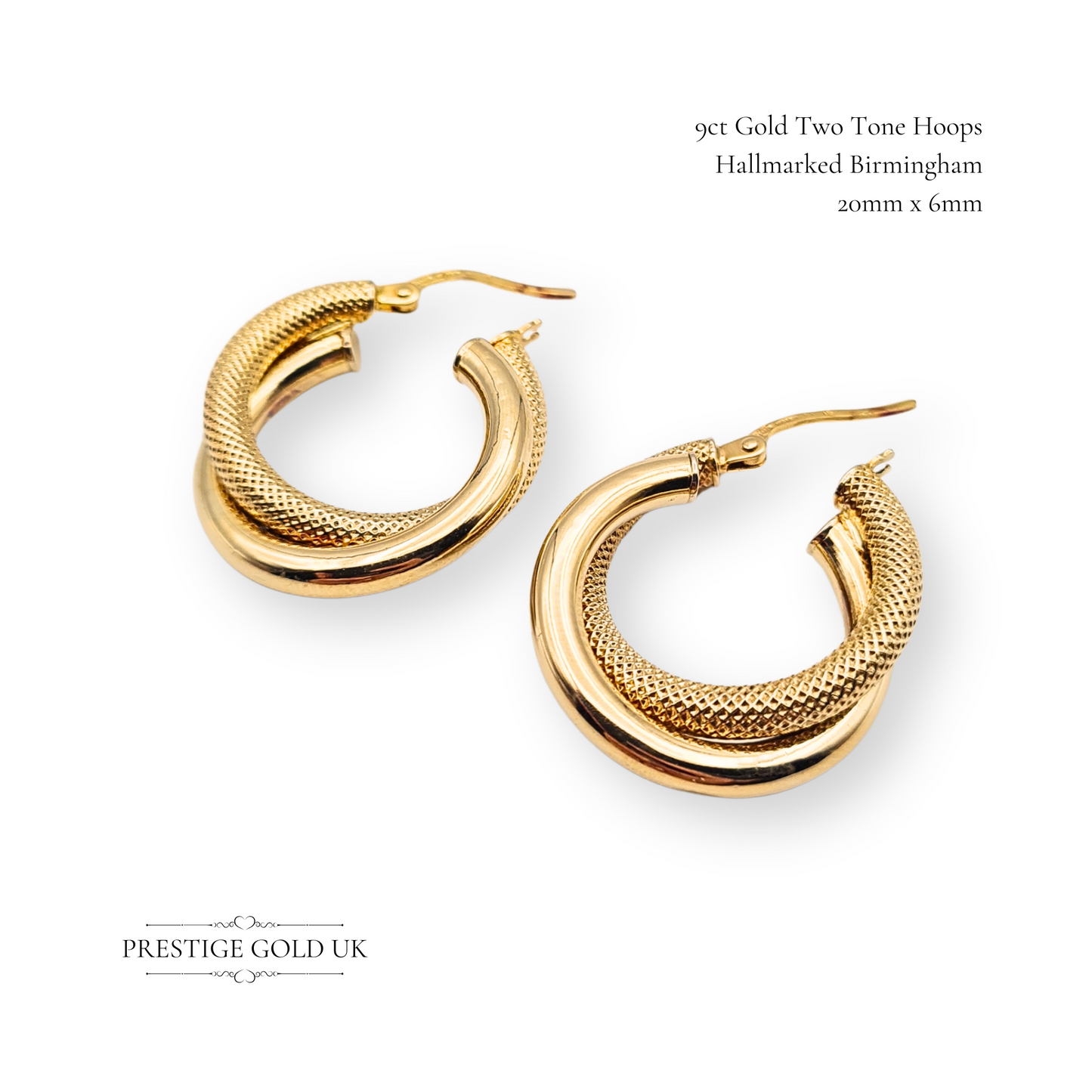 9ct Gold Interlocking Hoop Earrings, Textured & Smooth Finish, Hollow Flip Tops