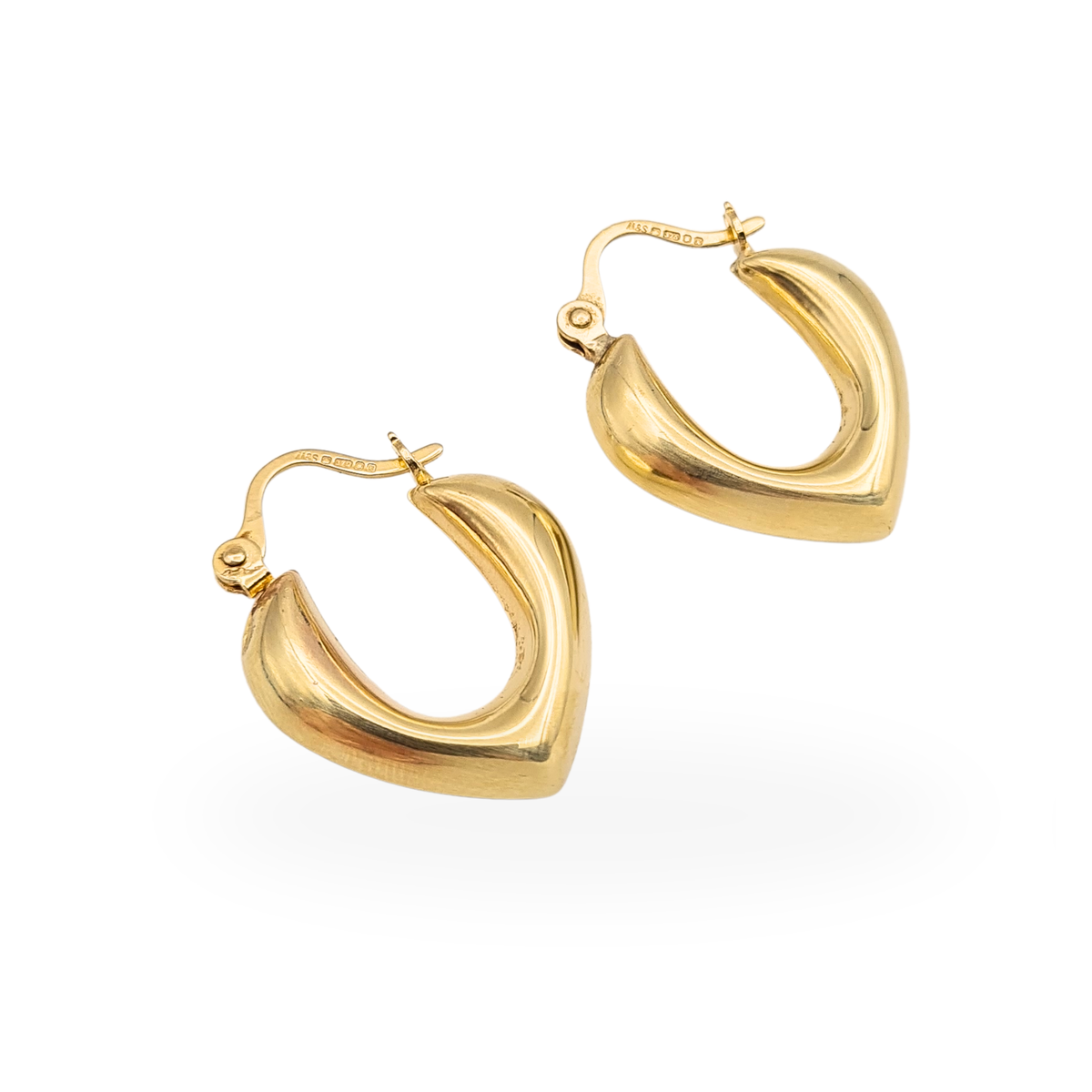 9ct gold puffy heart hoop earrings with chunky rounded heart shape and flip top fasteners