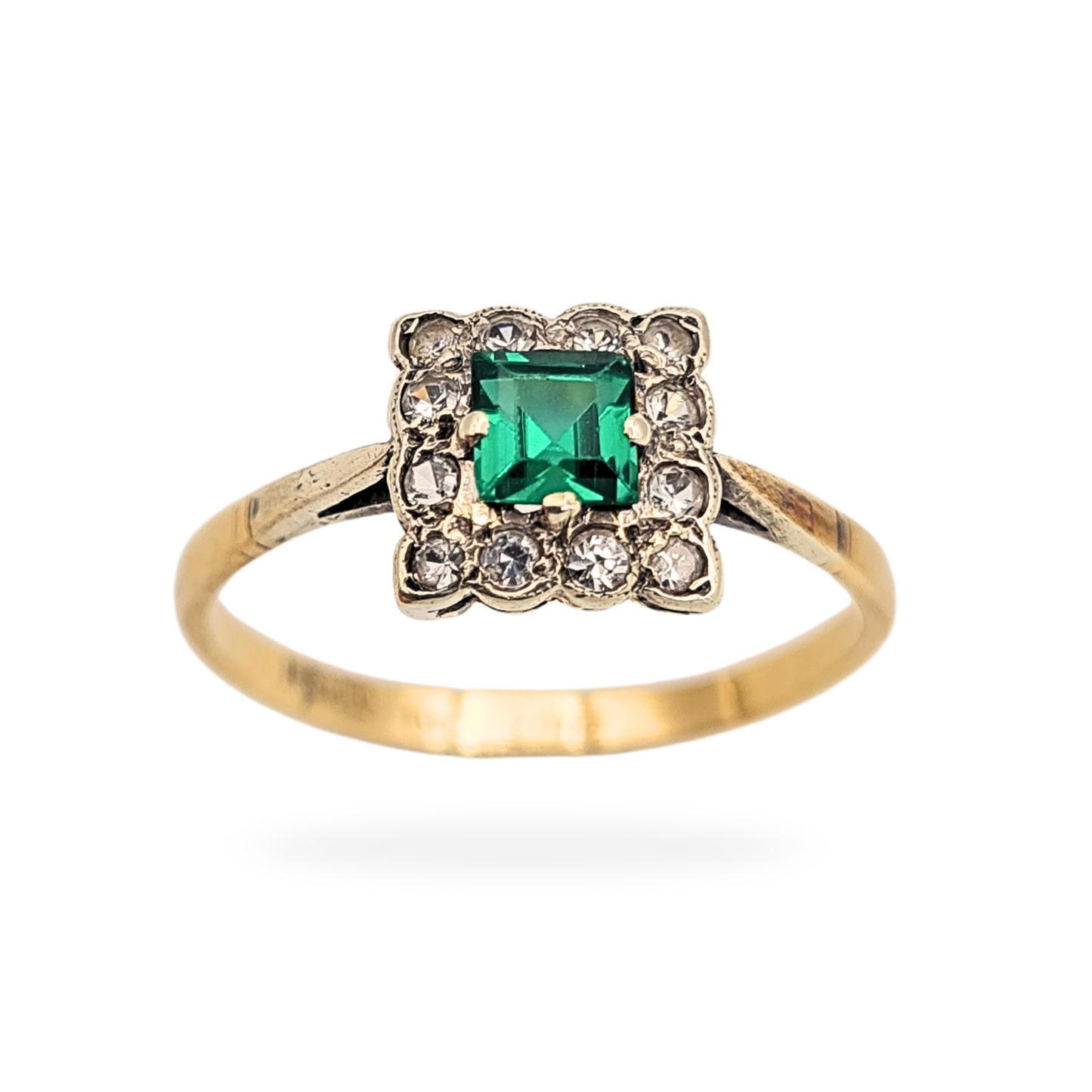 9ct Gold Square Paste Ring, Green And Clear Paste Stones UK R 1/2 US 9