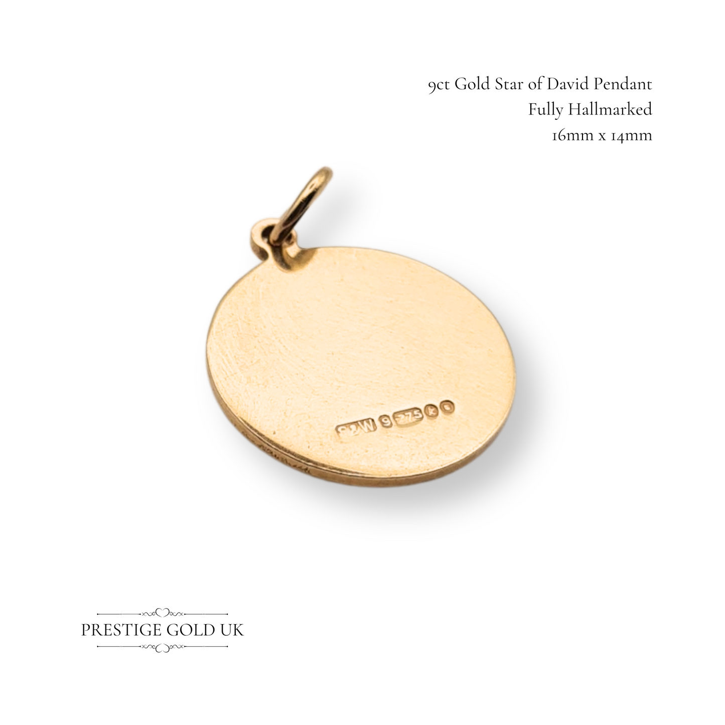 Small 9ct Gold Star Of David Pendant Seal of Solomon, Solid Engraved Pendant