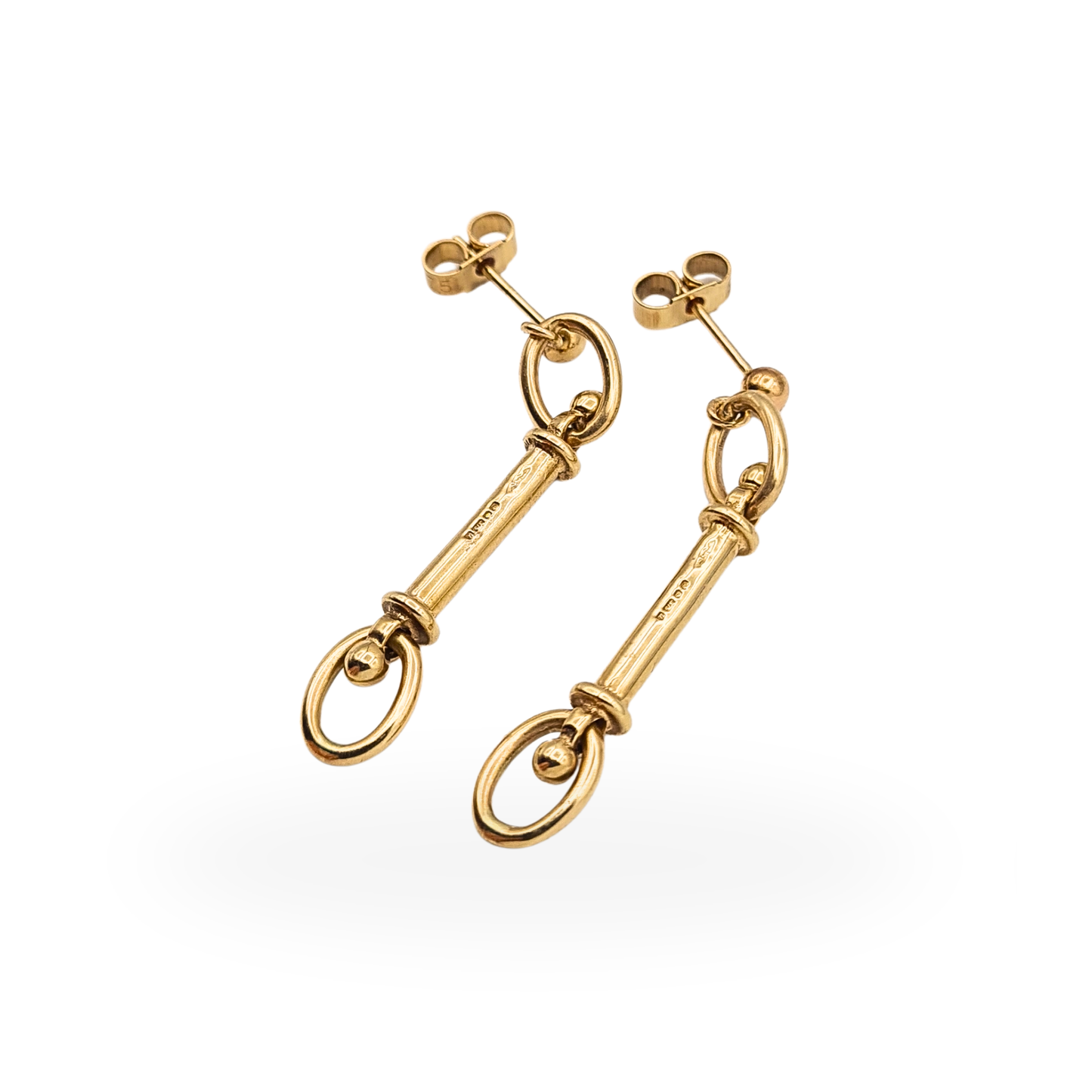 9ct Gold Horse Bit Drop Earrings Hallmarked Sheffield, Solid Gold