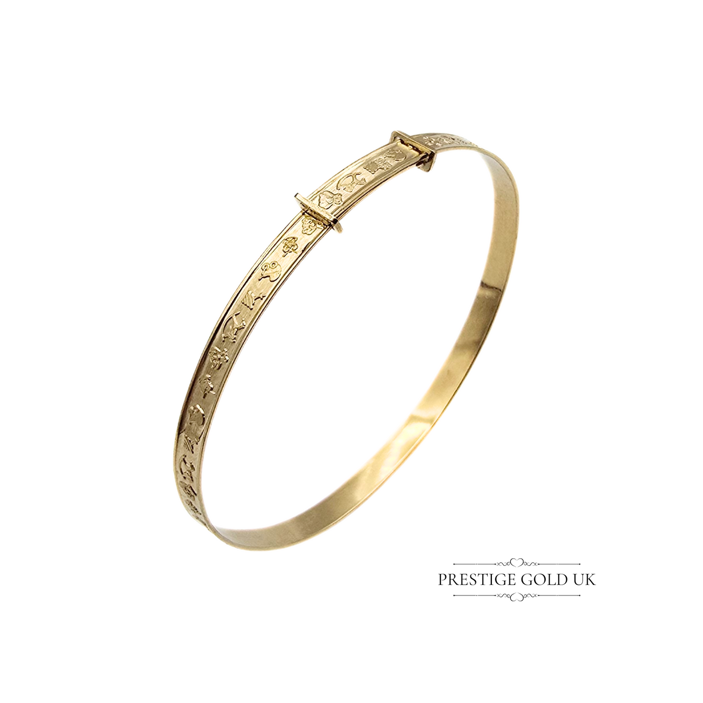 4 3/4" Vintage 9ct Gold Baby Bangle,  (12.5cm), 3mm Wide, Embossed Child's Toys Design, Christening Gift, Adjustable Gold Bracelet