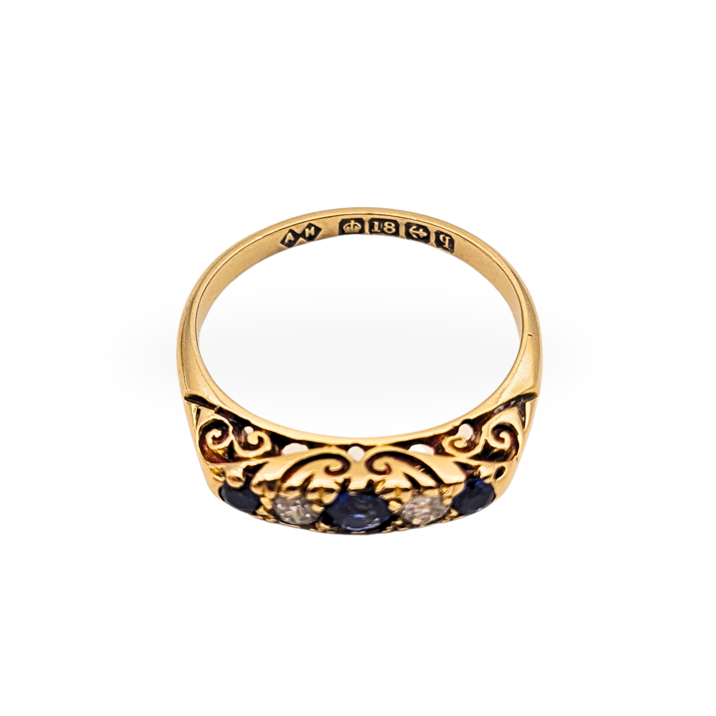 Antique 18ct Gold Sapphire Diamond Ring 1915 Birmingham 5 Stone UK N 1/2 US 7