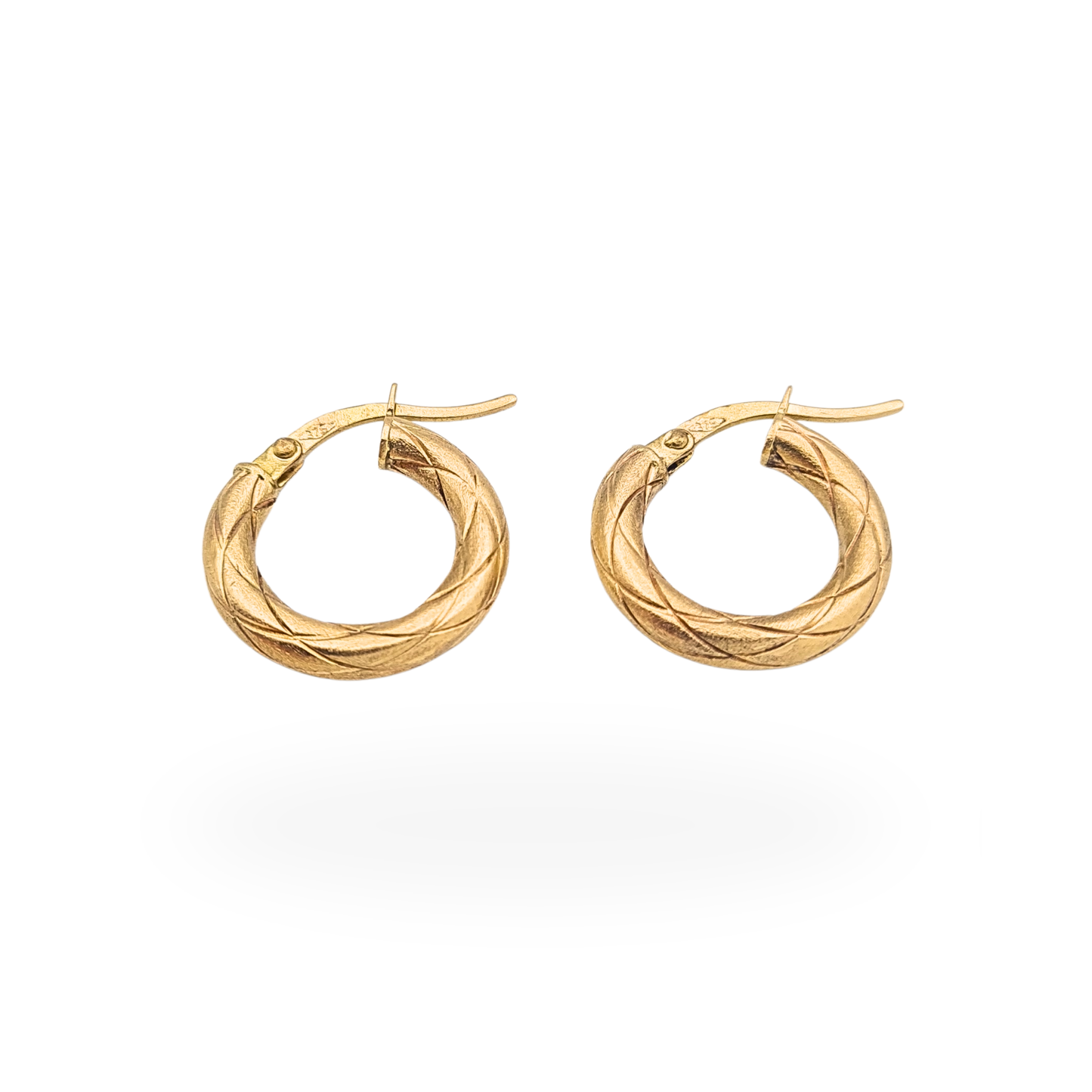 Quality 9ct Gold Small Textured Hoop Earrings Cross Hatch Flip Top Hoops