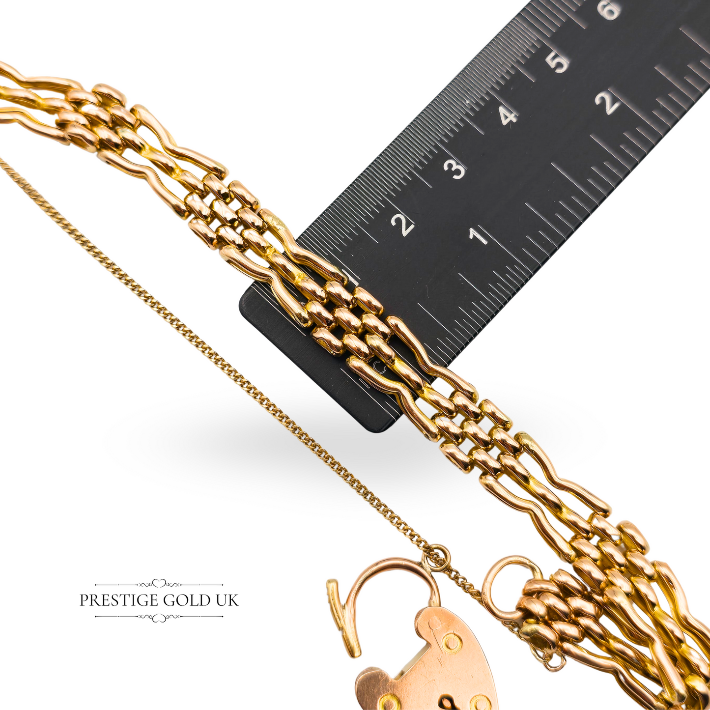 9ct Rose Gold Gate Bracelet - 3 Bar Fancy Link Gate Bracelet - Heart Padlock