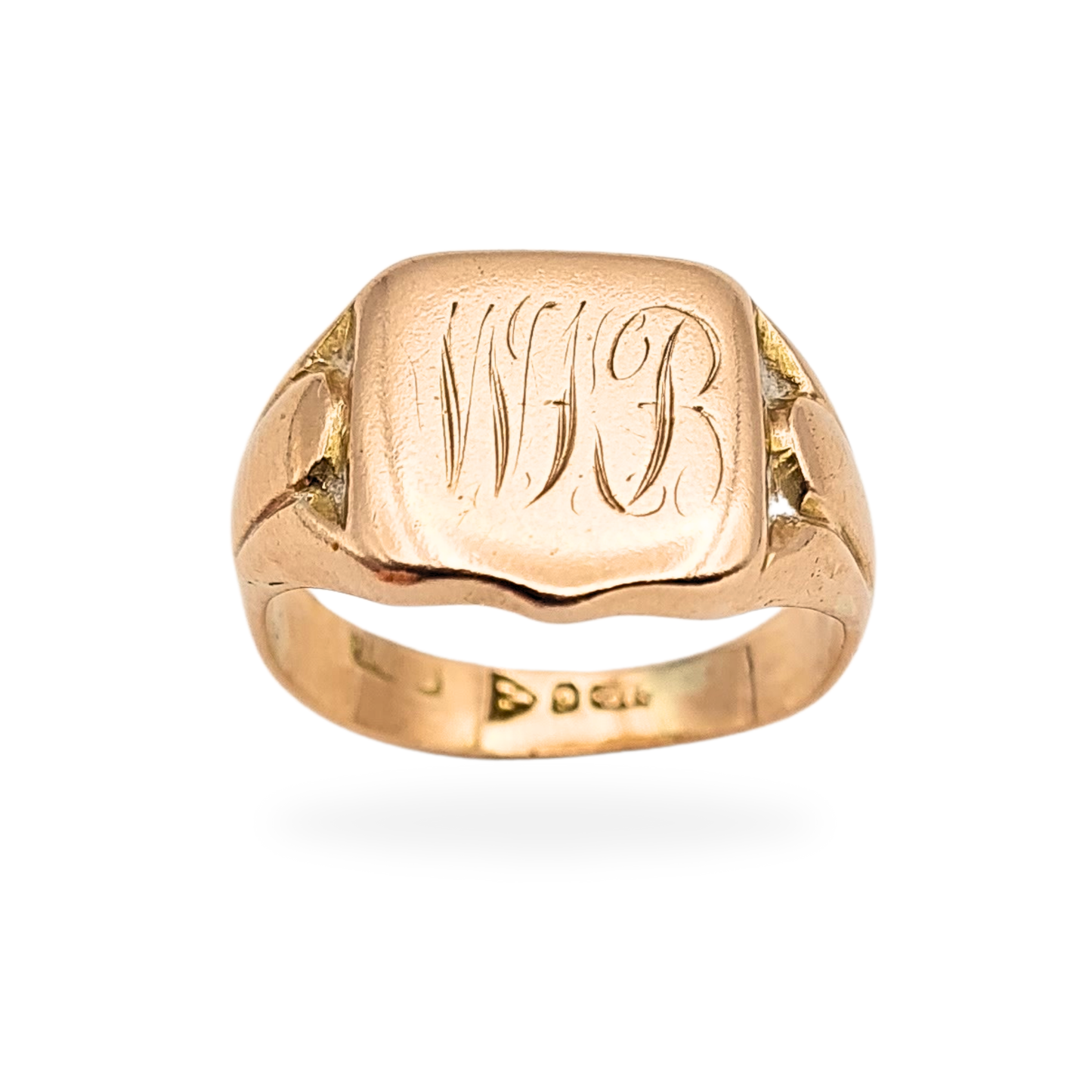 9ct Rose Gold Shield Signet Ring, Engraved WB, UK M US 6