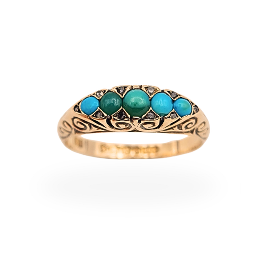 Antique 9ct Gold Turquoise Diamond 5 Stone Ring,  Chester Hallmark 1902 UK P US 7 3/4