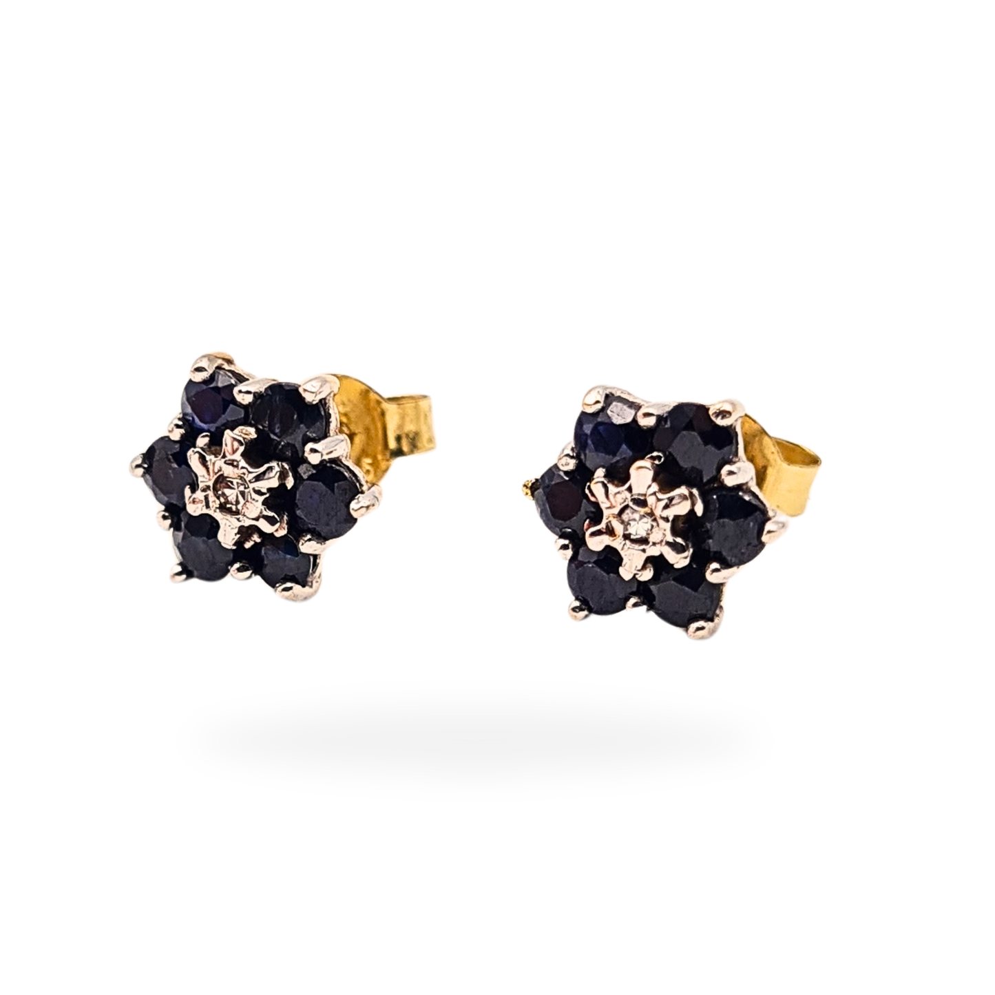 9ct Gold Sapphire & Diamond Flower Cluster Stud Earrings