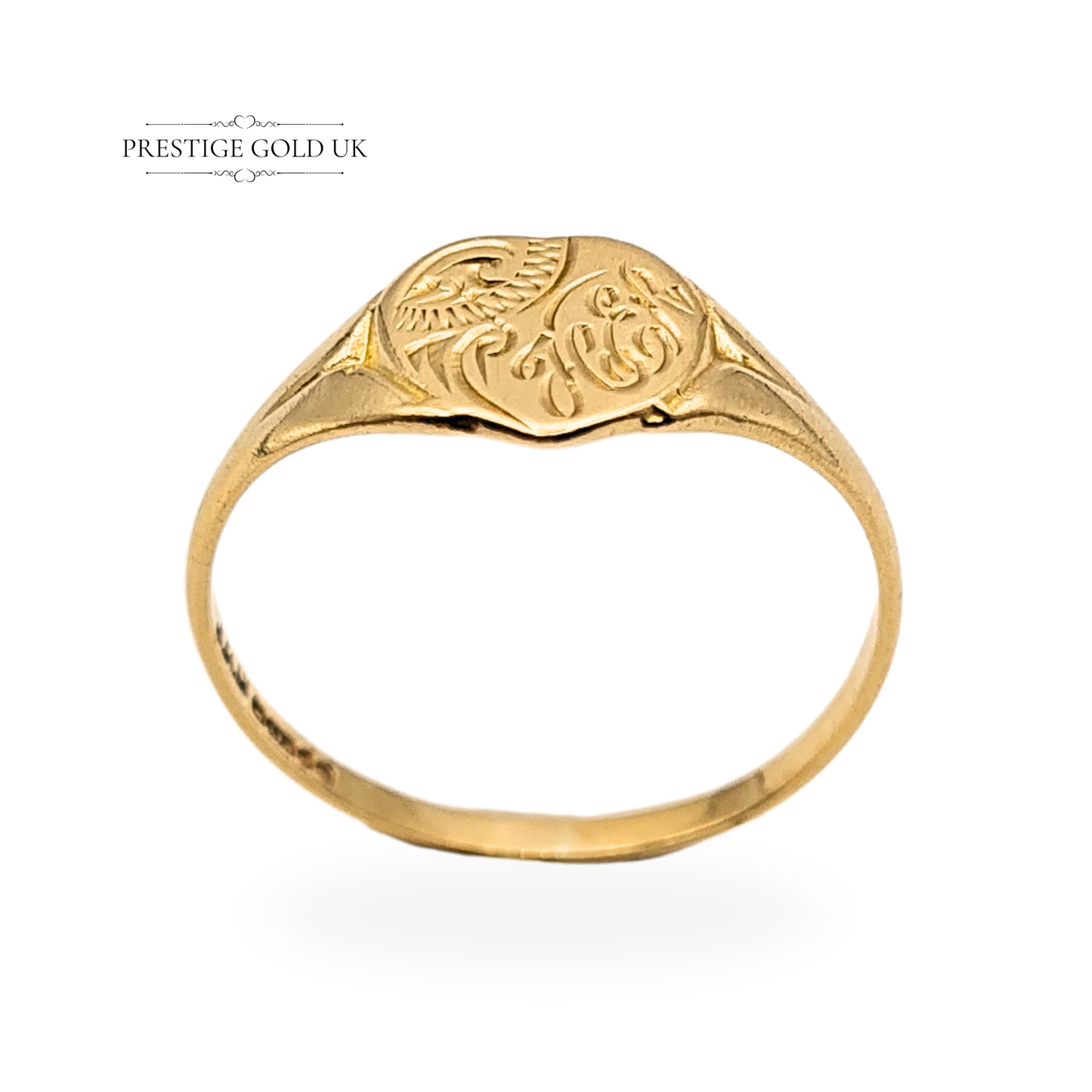 9ct Small Gold Heart Signet Ring, Engraved Design UK P / US 7.5