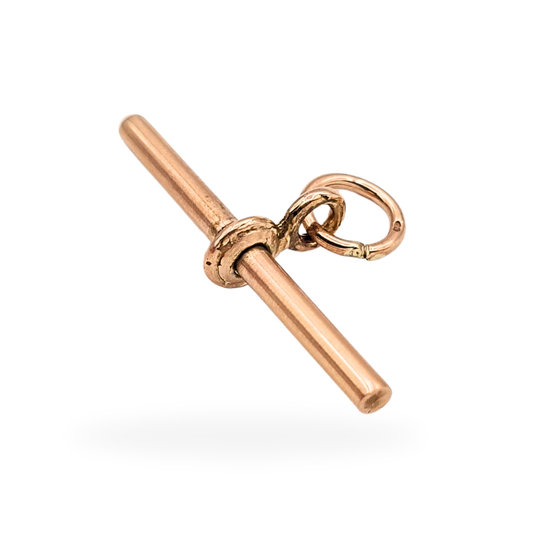 Antique 9ct rose gold Albert chain T-bar, stamped 375 and fully tested, 31mm long and weighing 2.43g. Solid gold with fixed ring design, ideal for vintage fob chain restoration or jewellery making, polished finish.
