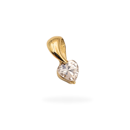 9ct yellow gold heart-shaped cubic zirconia pendant stamped 375 and fully tested, small dainty love heart design measuring 13mm tall, lightweight 0.8g gold charm with bright CZ sparkle, suitable for chains up to 2.5mm, chain not included.