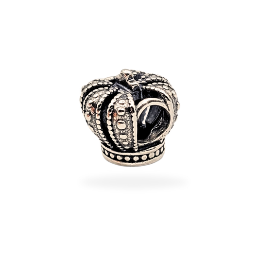 Genuine Pandora Royal Crown charm in sterling silver, stamped S925 ALE. Features detailed beaded crown design with oxidised accents. Measures 12mm by 11mm, excellent condition, fits Pandora-style bracelets.