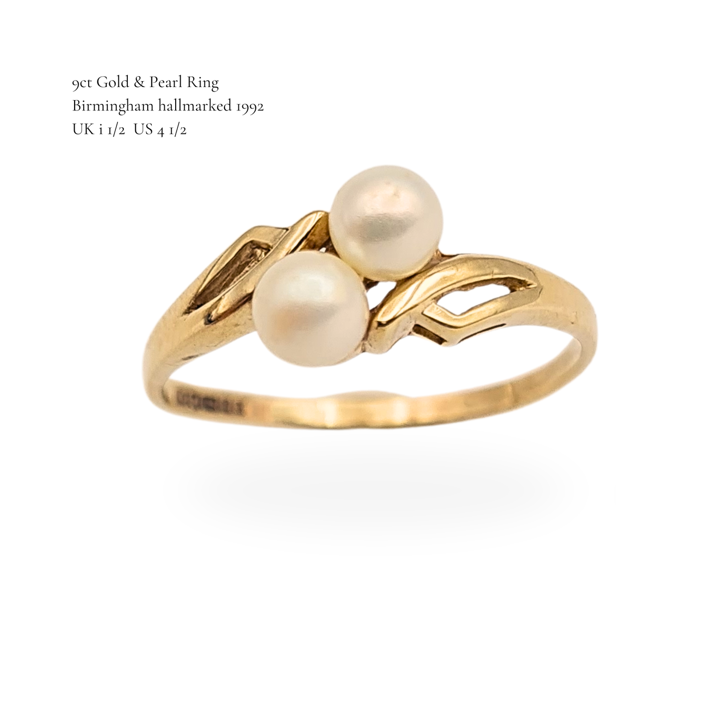 9ct Gold Pearl Ring, Twin Pearl, Size I½ / 4½,