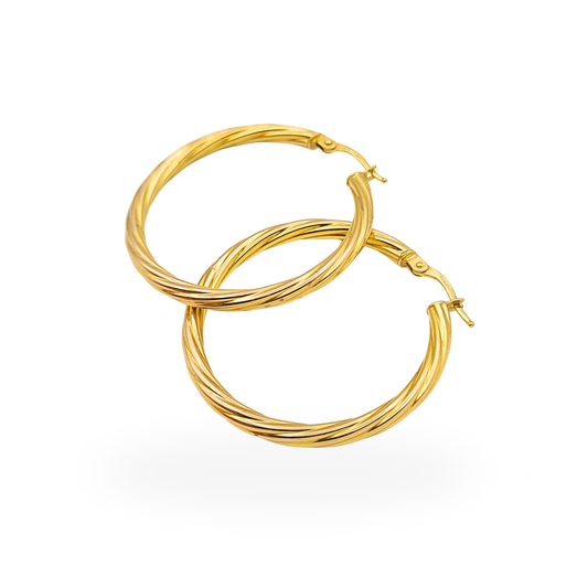 Pair of fully hallmarked 9ct gold large twist hoop earrings measuring 36mm with secure flip-top fastenings.