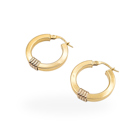Pair of fully hallmarked 9ct gold square-section round hoop earrings with flip-top hinged fastenings measuring 21mm.