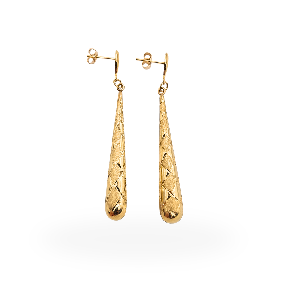9ct Gold Long Drop Earrings,  Diamond Cut Textured Dangle Earrings
