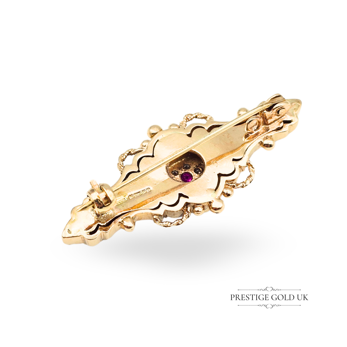 9ct Gold Ruby Diamond Set Ornate Brooch Element Scroll Work,  Hand Crafted