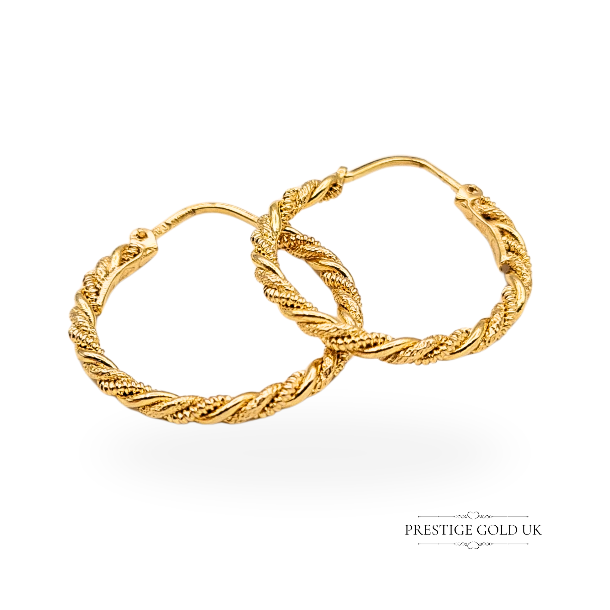 9ct gold rope twist hoop earrings, fully hallmarked Sheffield 1994. Ornate textured design with hinged flip-top fasteners, 14mm diameter, solid 2.17g weight. Warm yellow gold finish, vintage style, excellent condition, secure and elegant.
