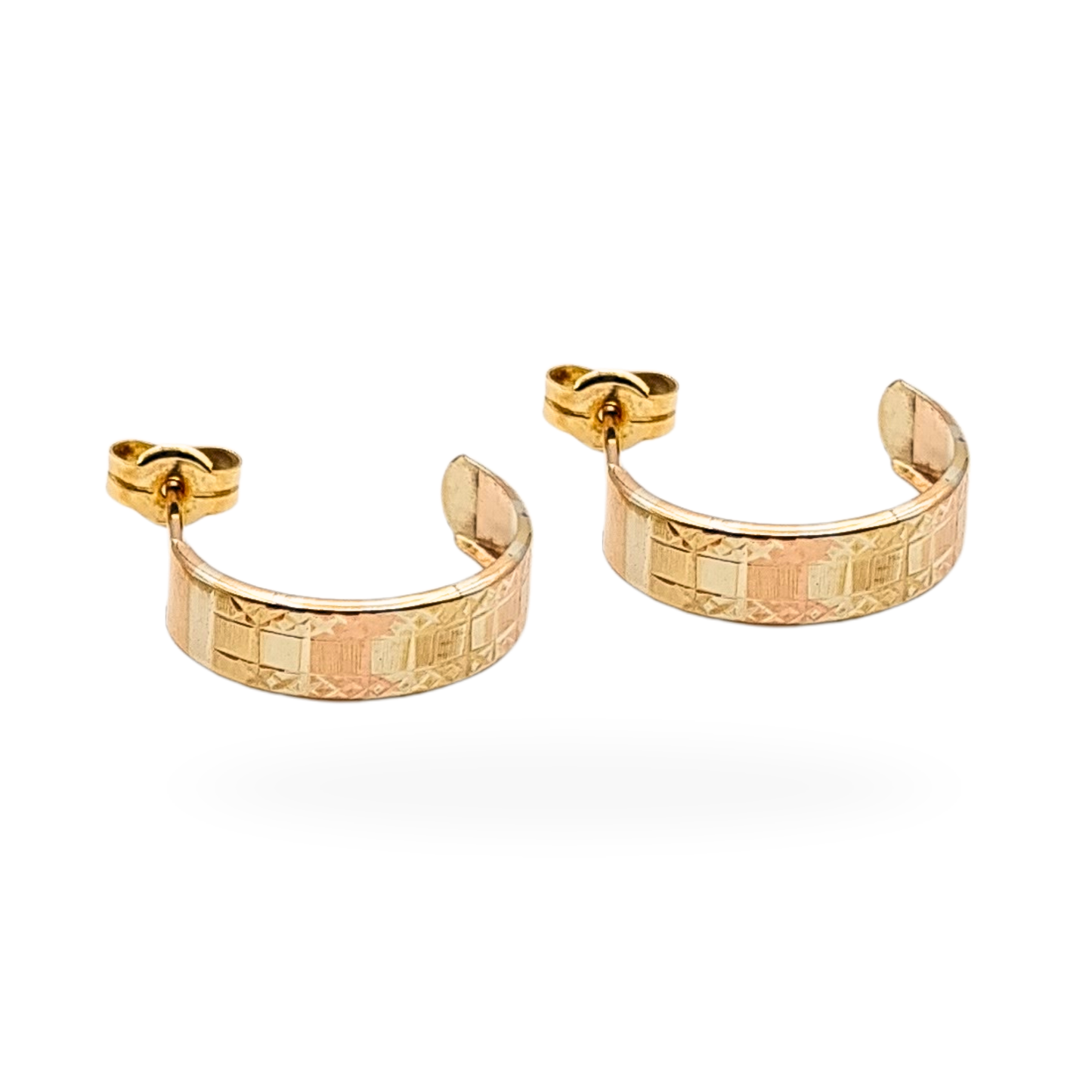 9ct Gold Two Tone Half Hoops, 15mm x 4mm, 0.75g, Engraved