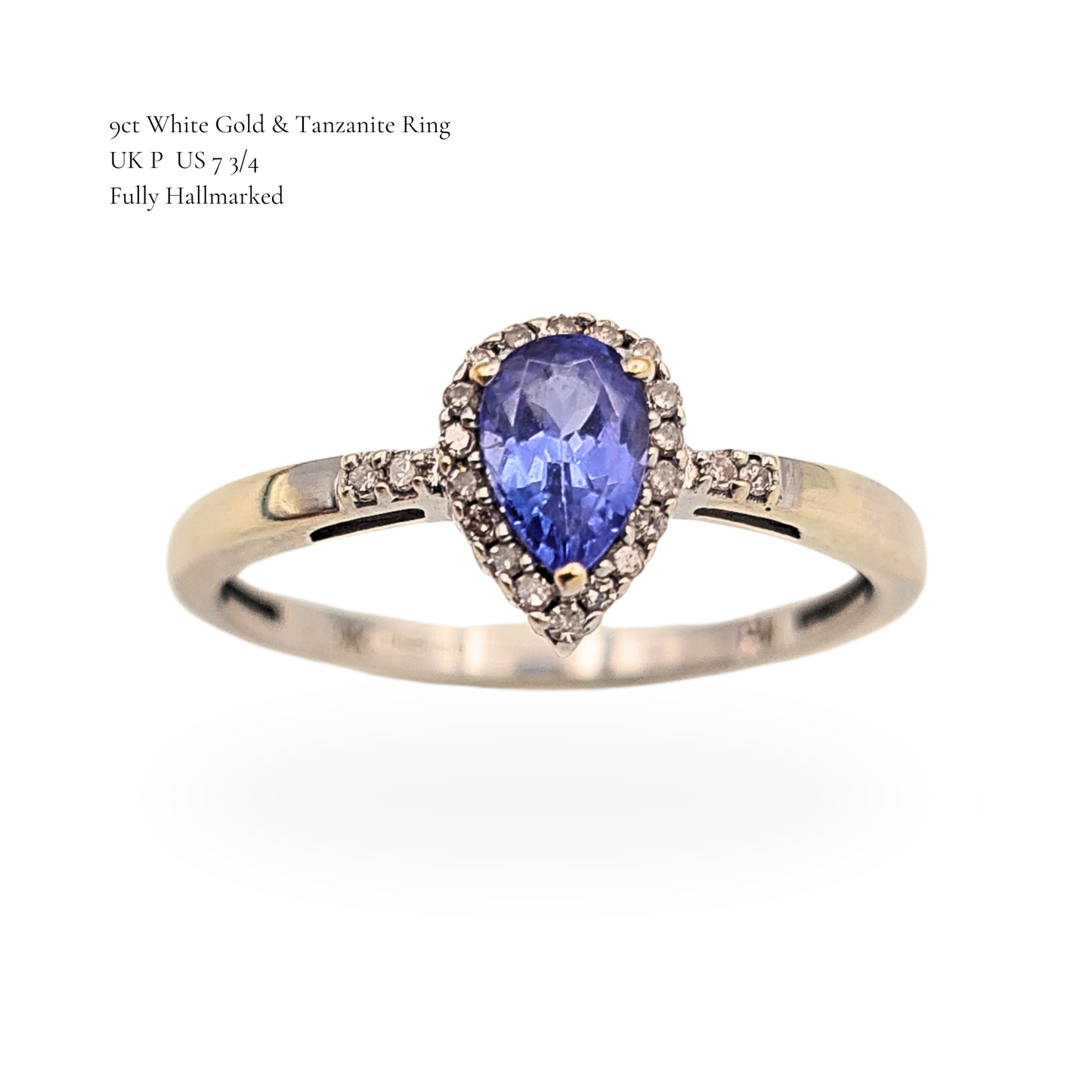 9ct White Gold Tanzanite Diamond Ring Pear Halo UK P US 7 3/4