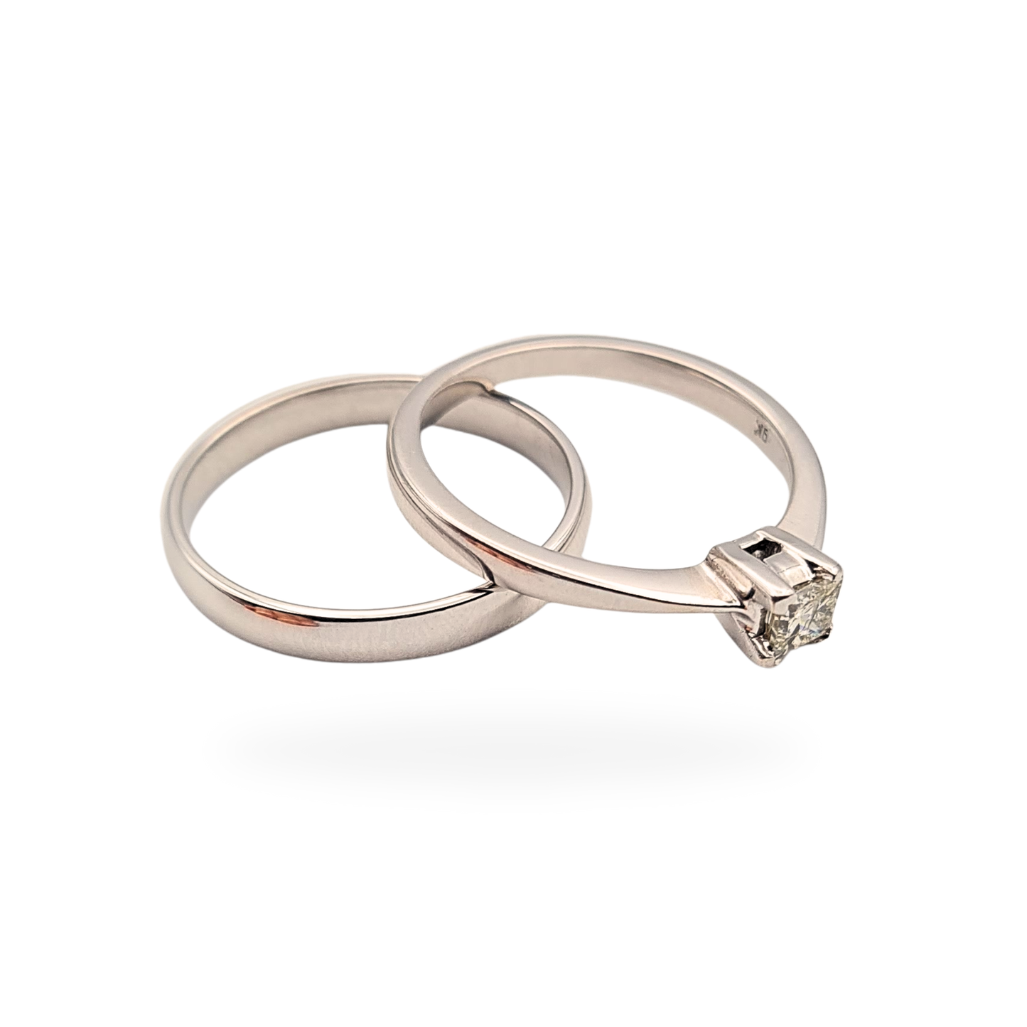 18ct white gold diamond engagement and wedding ring set, UK K 1/2 (US 5 1/2), featuring a 1.00ct total diamond weight with princess-cut centre stone and polished band, fully tested 18ct gold, elegant minimalist bridal design, one of a kind.