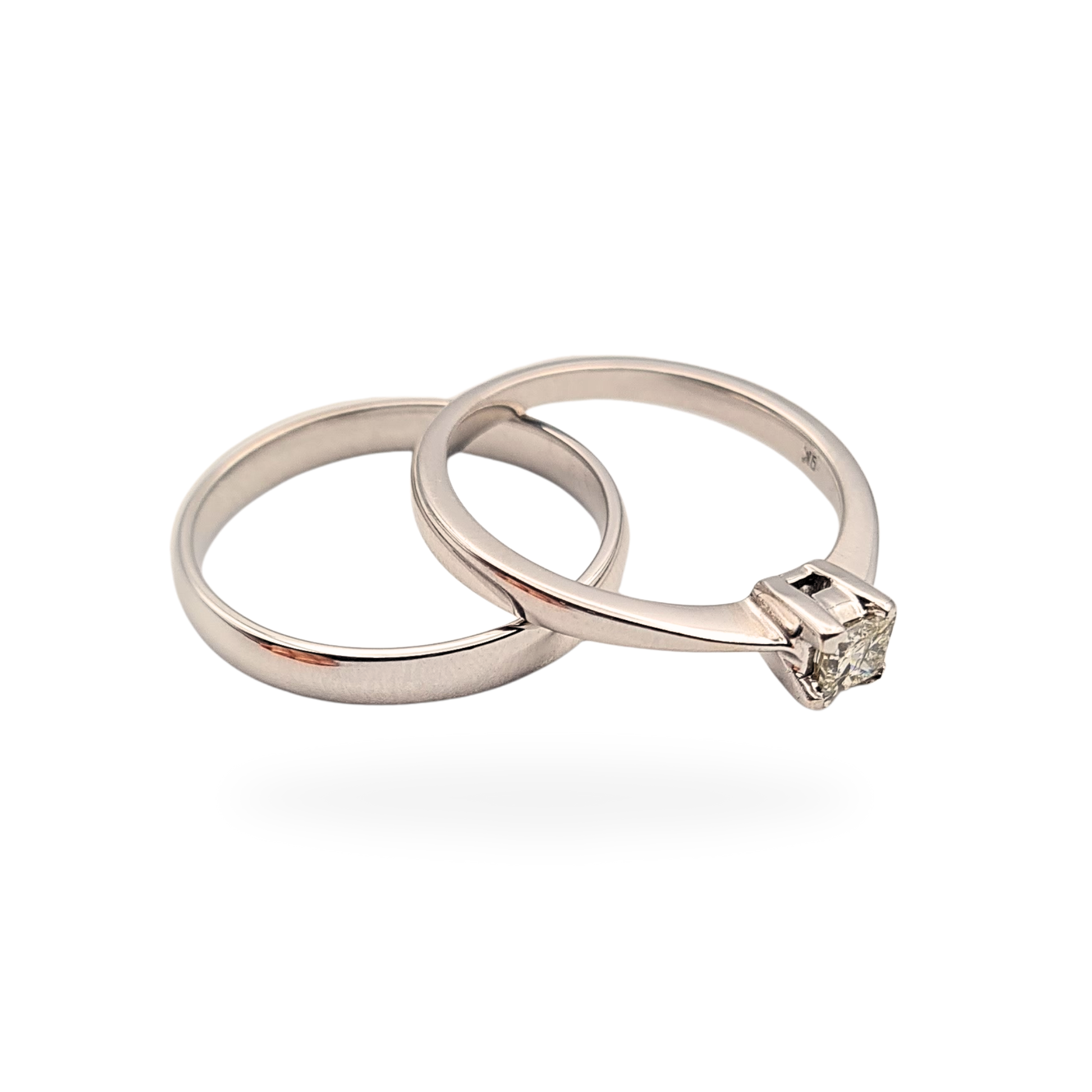 18ct white gold diamond engagement and wedding ring set, UK K 1/2 (US 5 1/2), featuring a 1.00ct total diamond weight with princess-cut centre stone and polished band, fully tested 18ct gold, elegant minimalist bridal design, one of a kind.