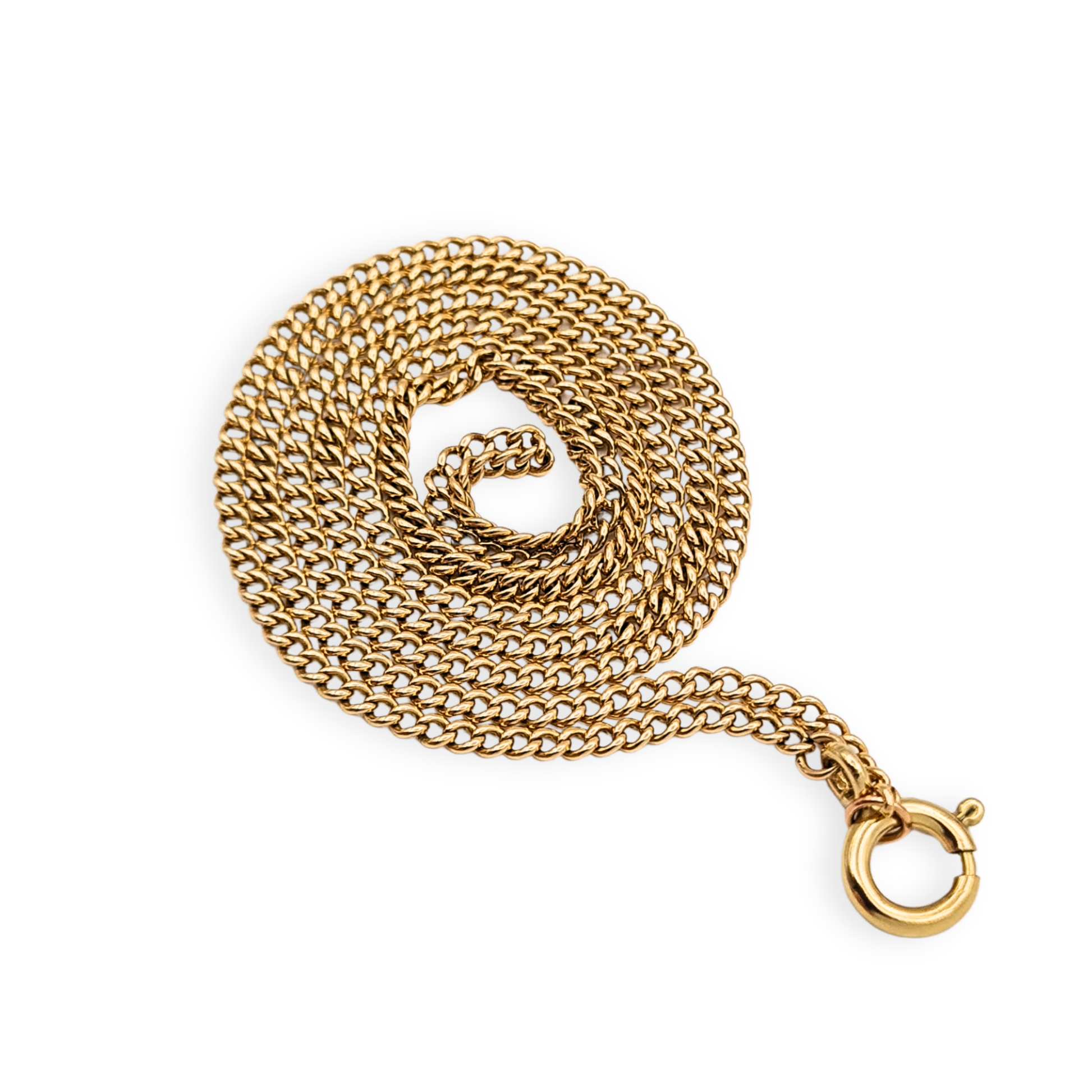 9ct rose gold curb chain necklace with 375 stamp, fine 1.8mm links, 18 inch length, spring ring clasp, shown on ruler and worn on hand