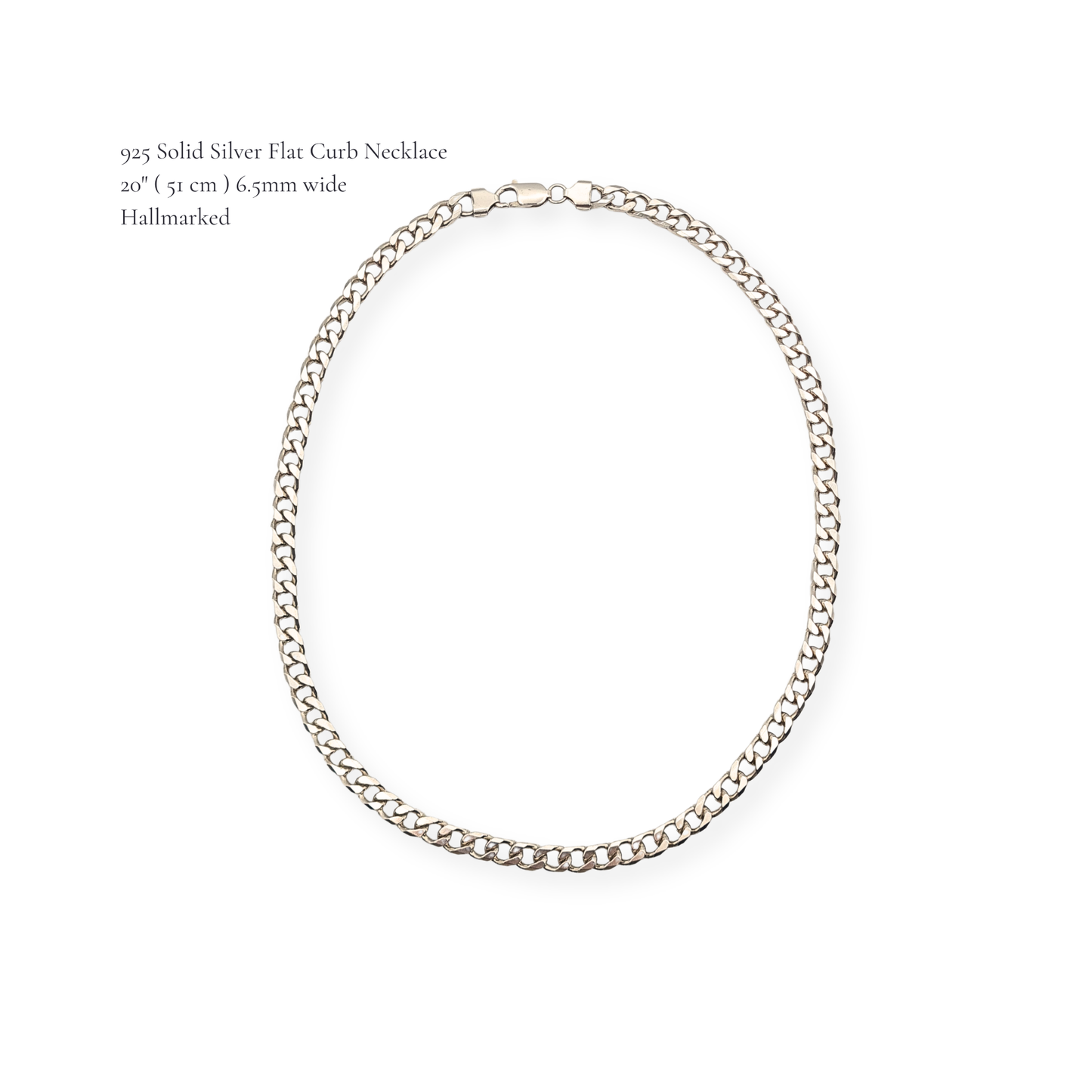 20" Solid Sterling Silver Flat Curb Chain Necklace 51cm Vintage 925