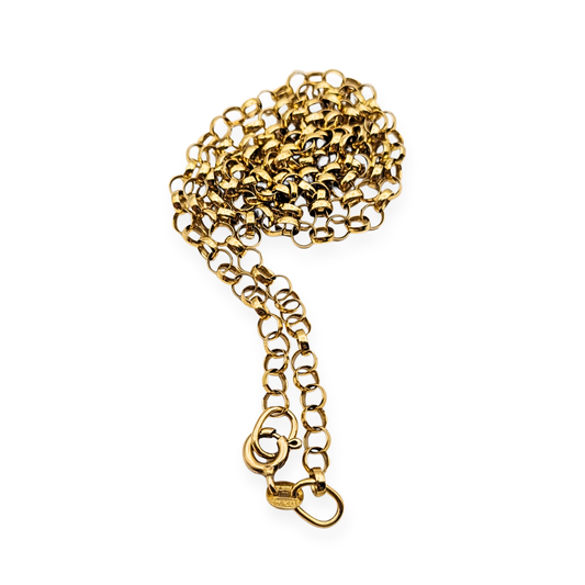 9ct yellow gold Rolo Belcher chain necklace with full British hallmarks, measuring 18 inches (46cm) long and 3mm wide, weighing 4.76g. Solid vintage gold chain with spring ring clasp, ideal for layering or wearing with a pendant.
