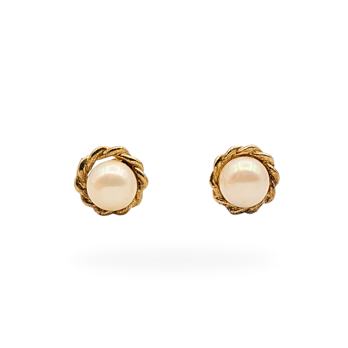 9ct Gold Pearl Stud Earrings, Rope Edge, Dainty Jewellery