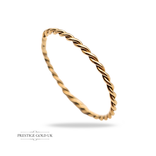 Solid 9ct gold twist stacking ring, narrow 1mm delicate band, size N 1/2 UK / 7 US, lightweight 0.50g, fully tested gold, minimalist everyday jewellery, dainty solid gold stacker ring.