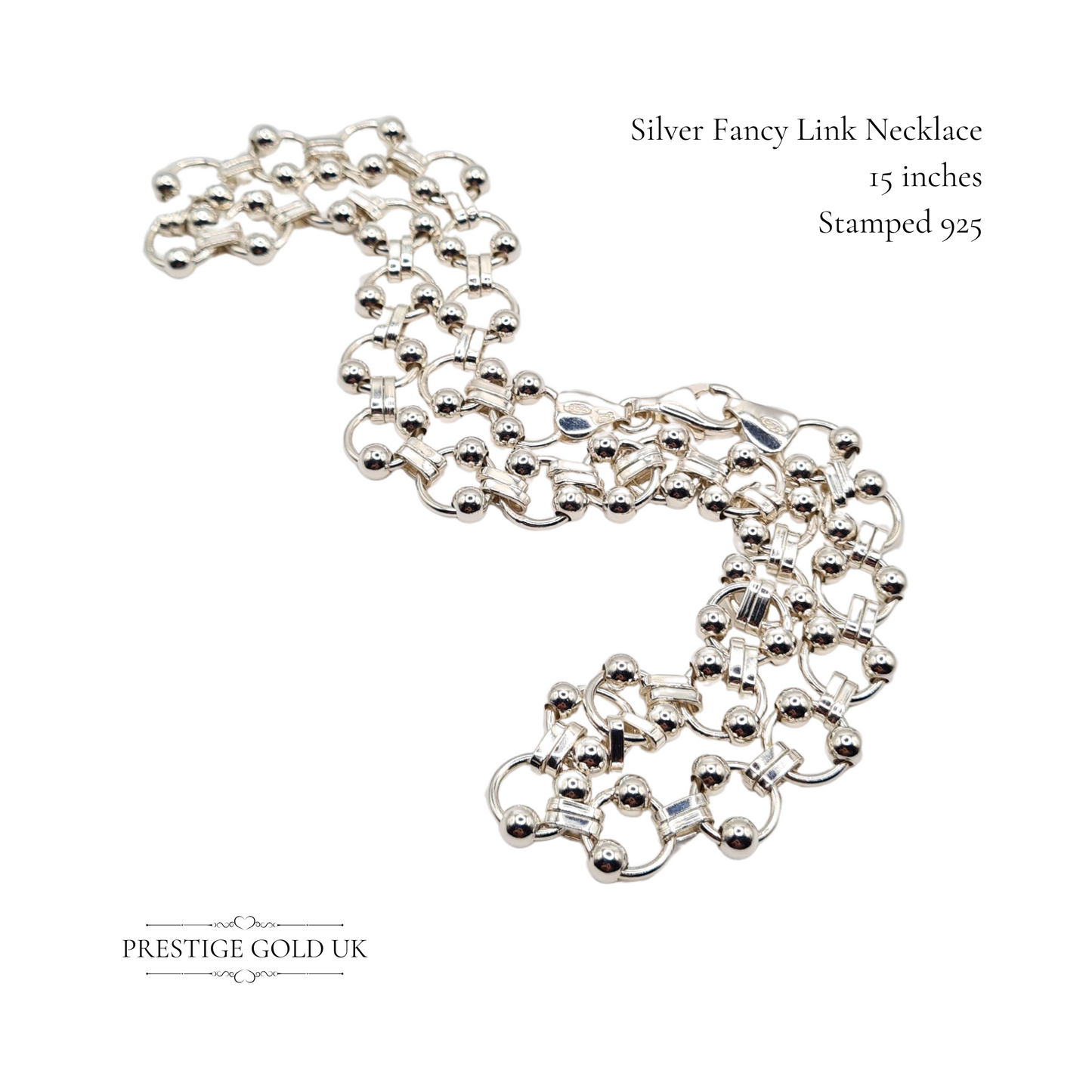 925 Silver Sphere Link Necklace 15" Fancy Chain & Ball 10mm Wide