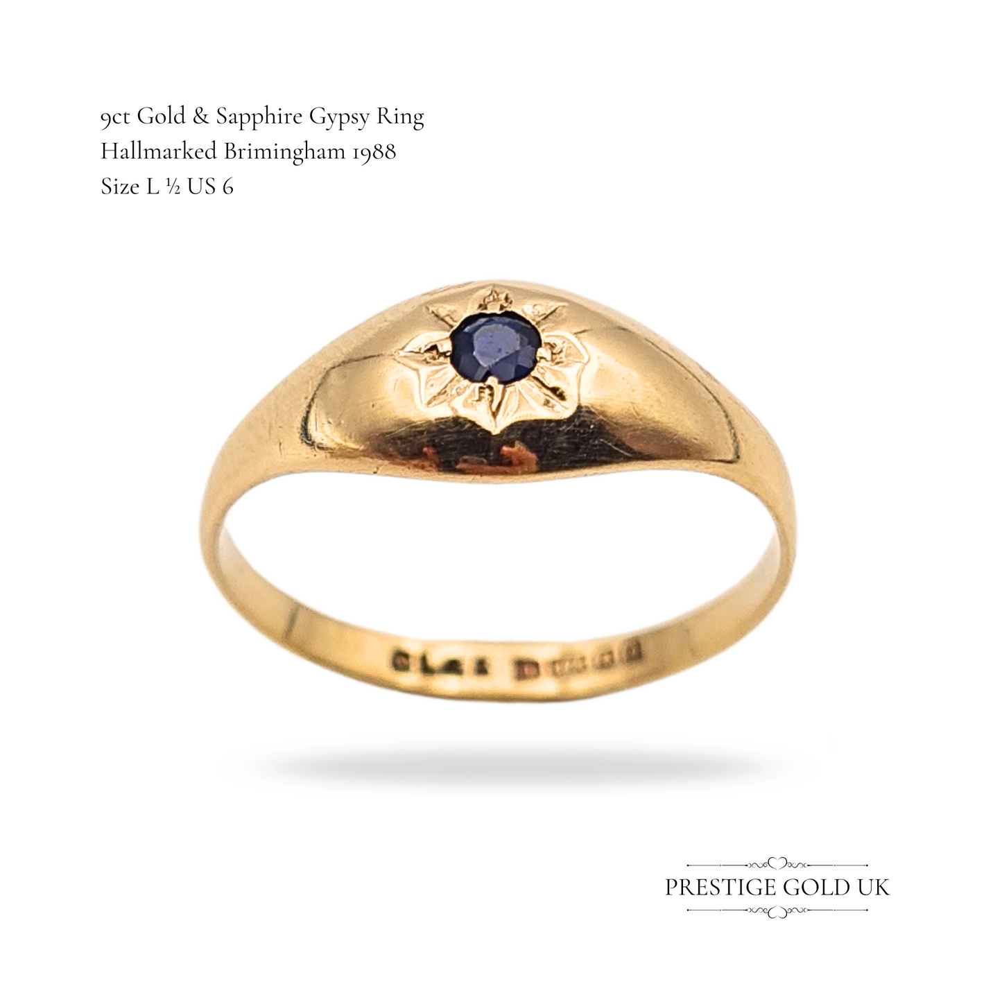 9ct Gold Sapphire Vintage Gypsy Ring, Size  UK L 1/2 US 6