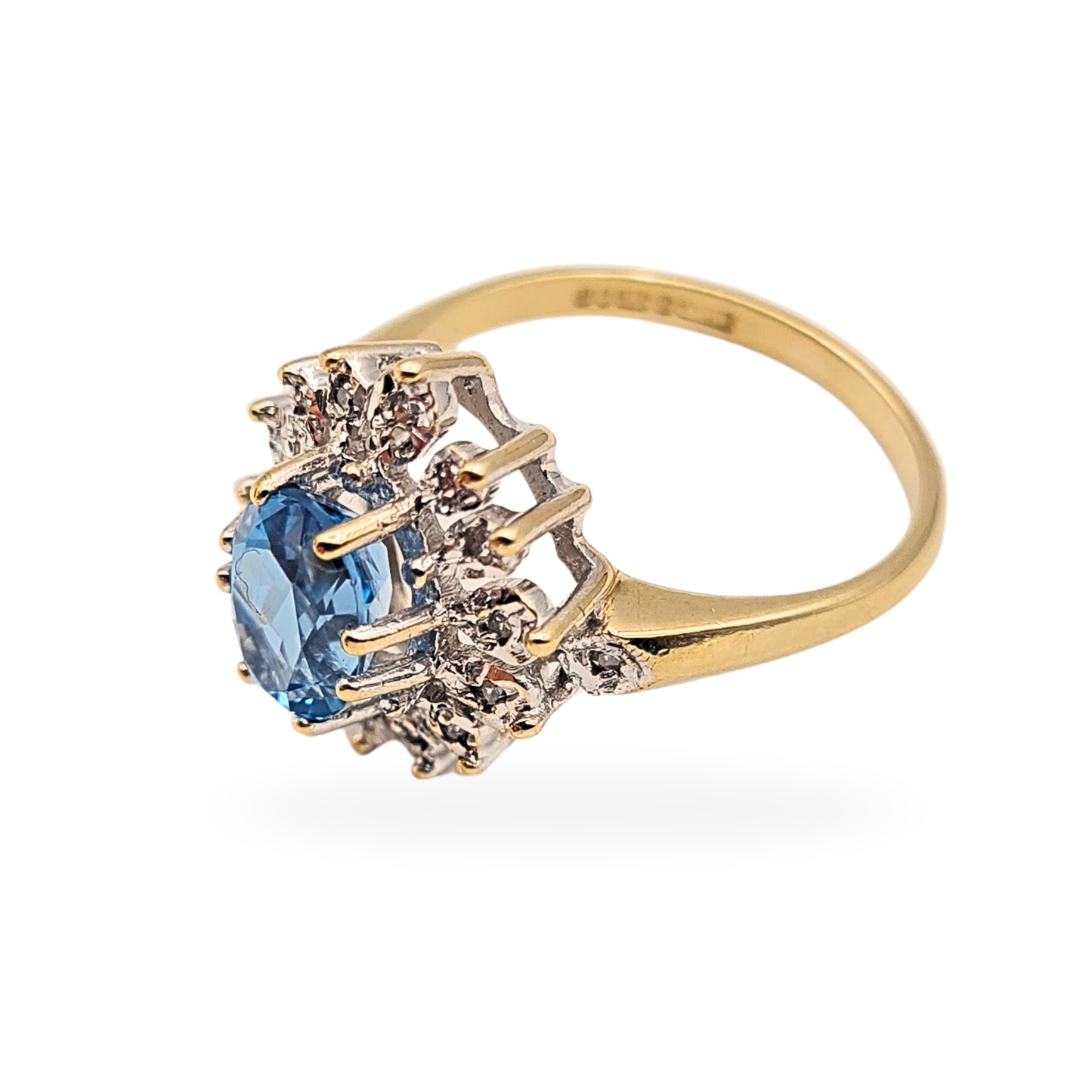 9ct Gold Oval Blue Topaz & Diamond Cocktail Ring - Size UK N, US 6 3/4,