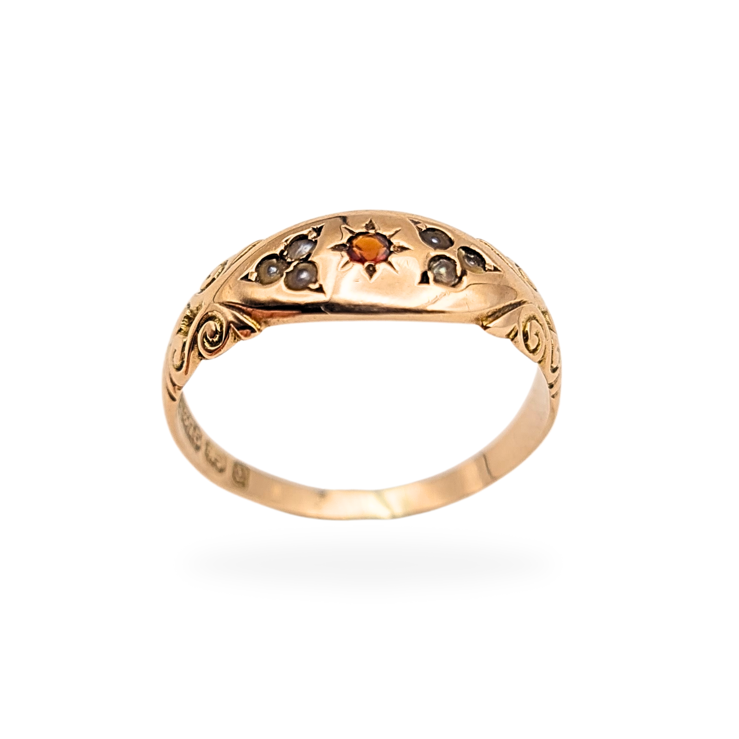 Antique 9ct Rose Gold Garnet & Pearl Ring, UK P 1/2, Birmingham 1847