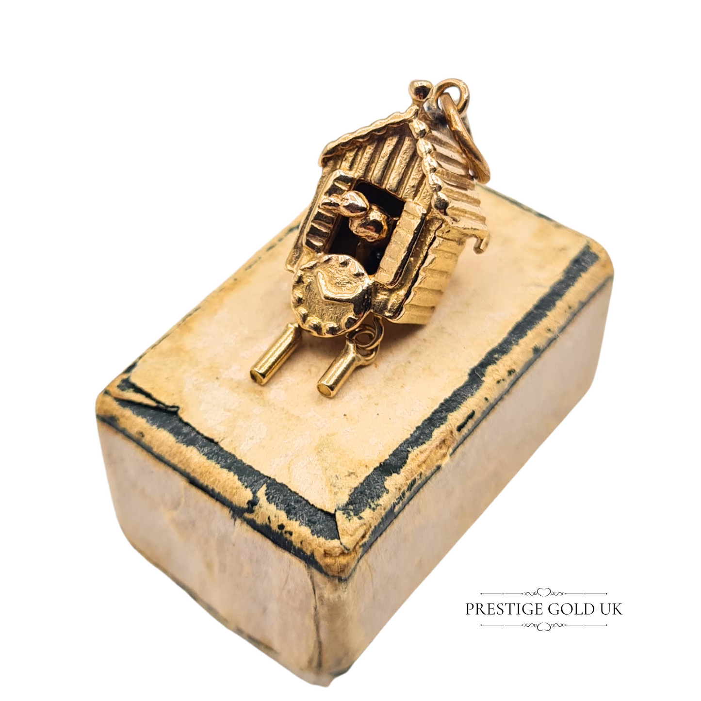 9ct Gold Cuckoo Clock Charm Moving Bird Miniature Fun Pendant
