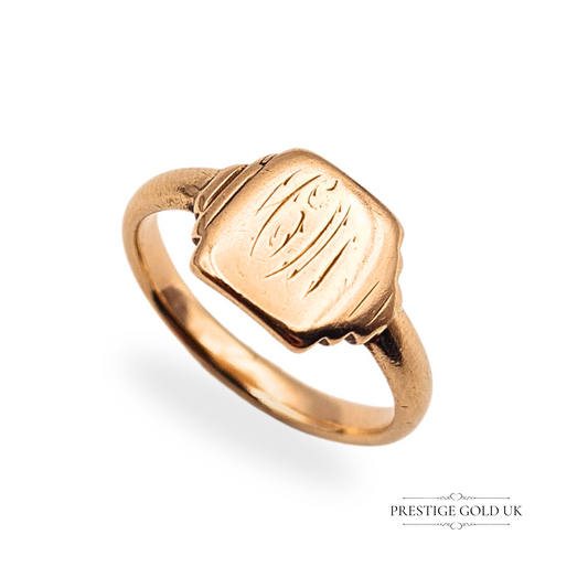 Vintage 9ct rose gold signet ring with square face and engraved monogram, dated 1933. Hallmarked and fully tested, UK M / US 6 1/4, ideal as a pinky ring. Classic Art Deco styling with soft wear from age.