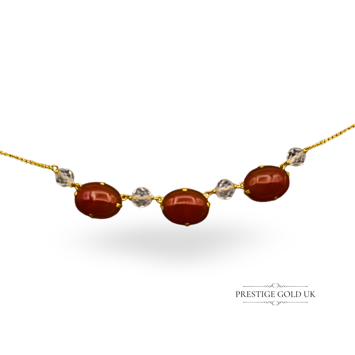 14.5" Gold Carnelian Necklace, 3 Oval Stones & Crystal Beads, 9ct Gold