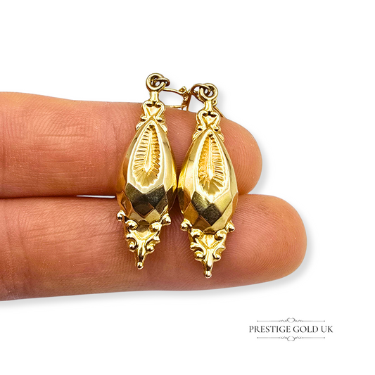 9ct Gold Dangle Drop Earrings, Victorian Revival Style Vintage Earrings