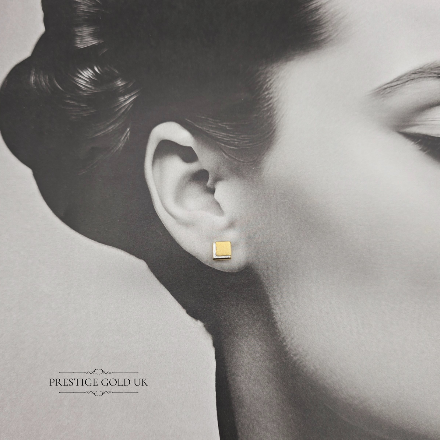 9ct Two-Tone Gold Square Stud Earrings, Yellow & White Gold, Geometric Design