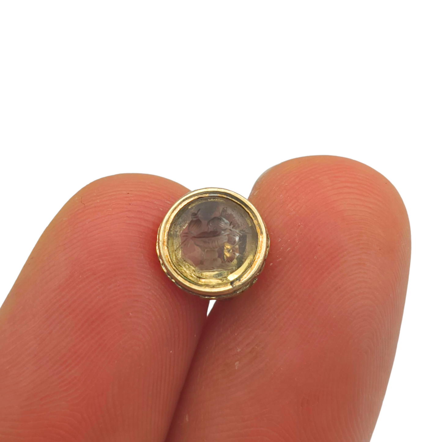 Tiny 9ct Gold Antique Intaglio Wax Seal Fob – Engraved with Drinking Birds, 13mm Tall, Open Jump Ring, Ornate Yellow Crystal Fob