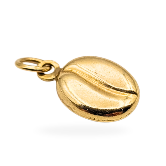 9ct gold coffee bean charm pendant with hollow construction, measuring 13mm long including bail and 7mm wide, weighing 0.40g. Real gold miniature bean charm with smooth polished finish, perfect for coffee lovers or as a dainty gold pendant.