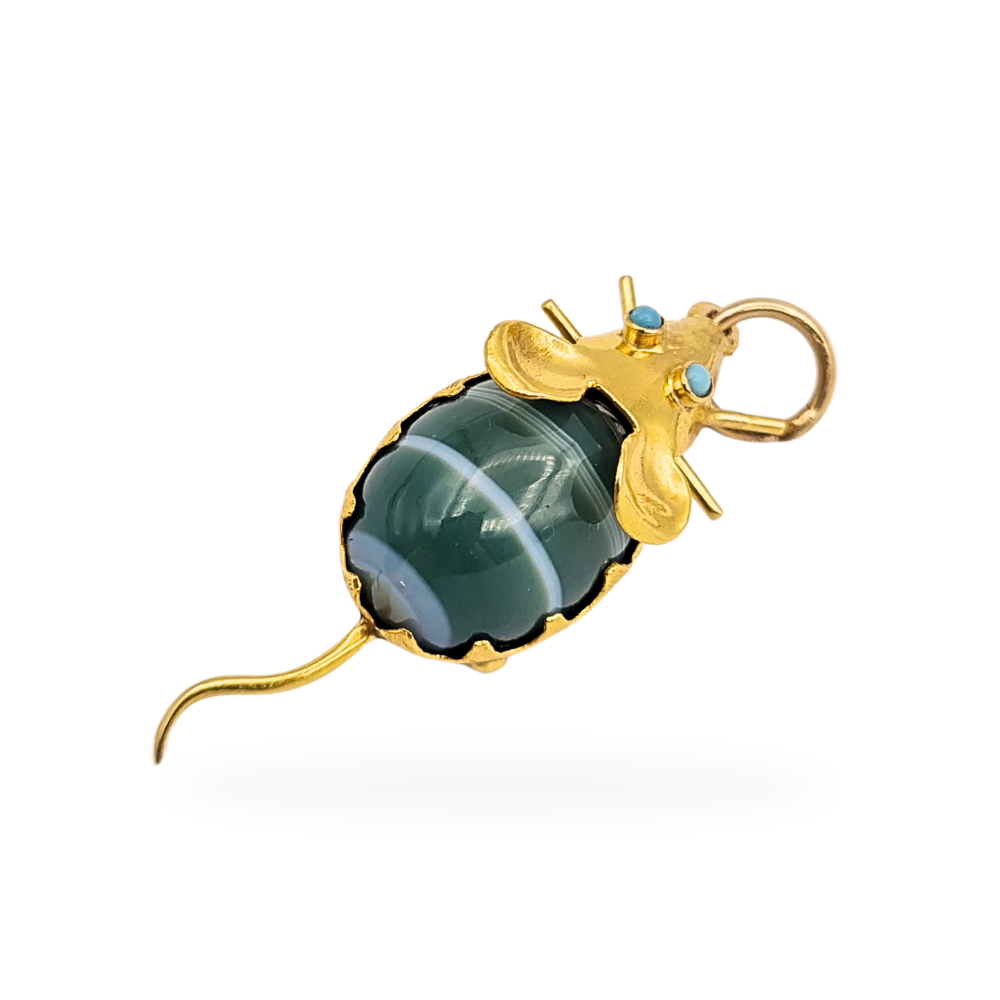 18ct Gold Mouse Charm Turquoise Eyes Green Cabochon Body