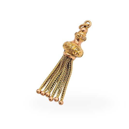 Antique 9ct rose and yellow gold Albertina tassel pendant with hand engraved detailing and fox tail chain tassels