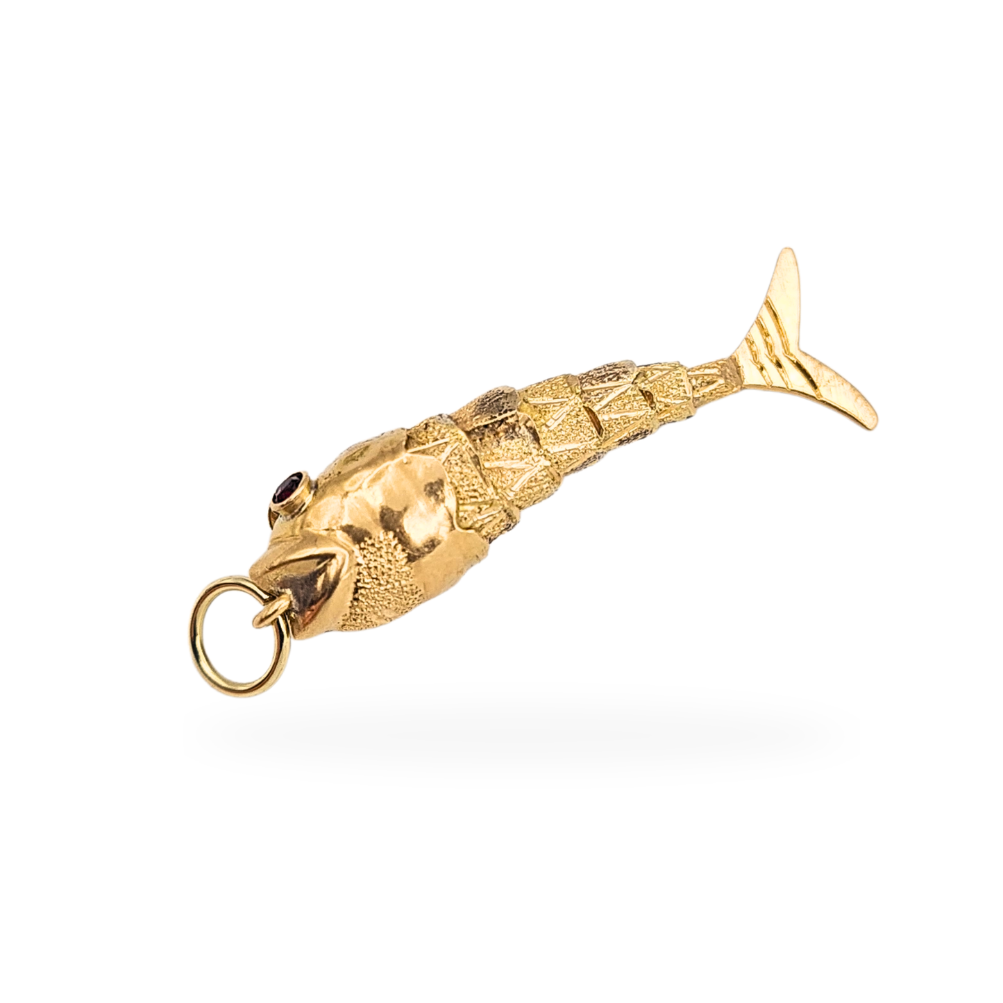 9ct Gold Articulated Fish Pendant Charm Red Stone Eyes