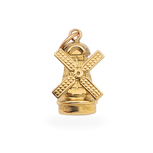 Small 9ct gold windmill charm pendant with moving sails and hollow construction